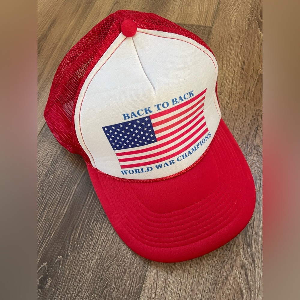 “Back to back world war champion” Red, White and Blue Snapback Hat with Flag
